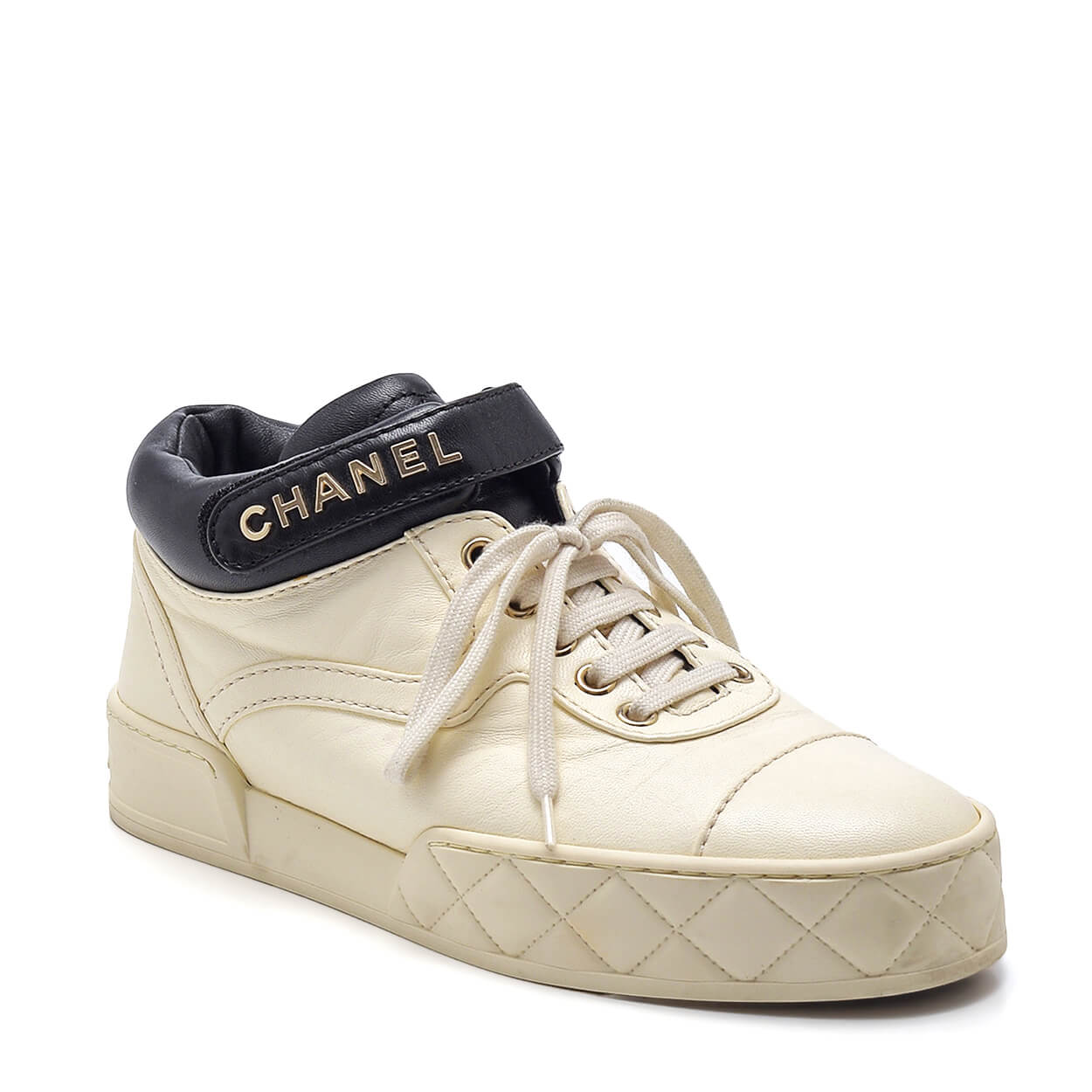 CHANEL - Ivory & Black Leather Logo Strap Sneaker
